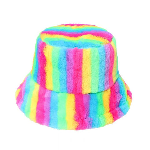 Striped Rainbow Fluffy Bucket Hat