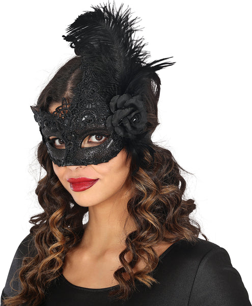 Black Lace Eye Mask with Feathers