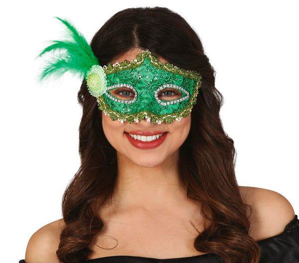 Green Eye Mask with Feathers
