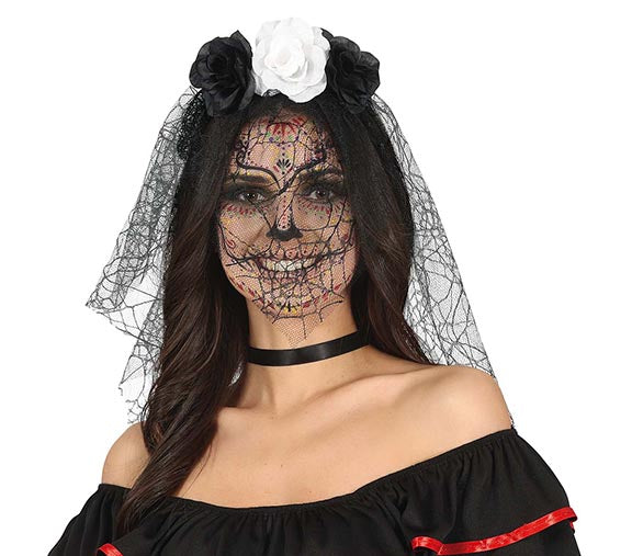 Black & White Day of the Dead Headband & Veil