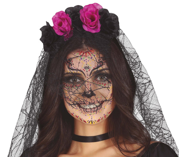 Black & Purple Day of the Dead Headband & Veil