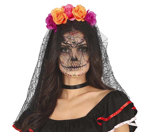 Purple & Red Day of the Dead Headband & Veil