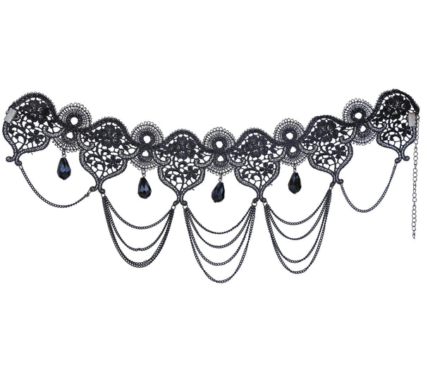 Black Lace Choker with Chains & Jewels