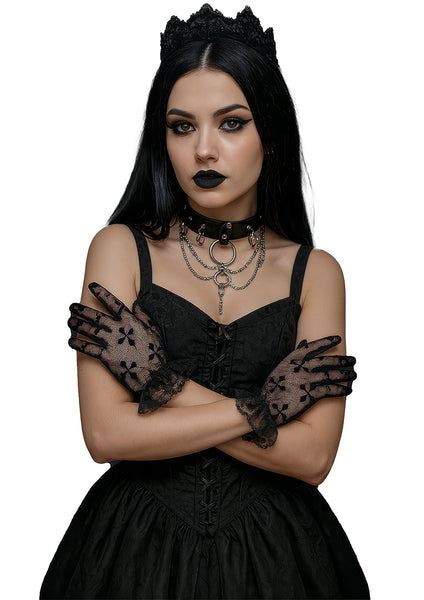 Short Black Lace Gloves with Crosses