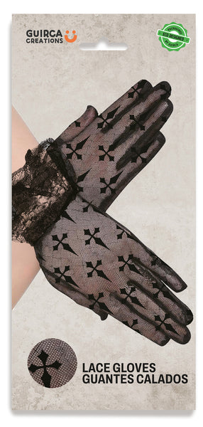 Short Black Lace Gloves with Crosses