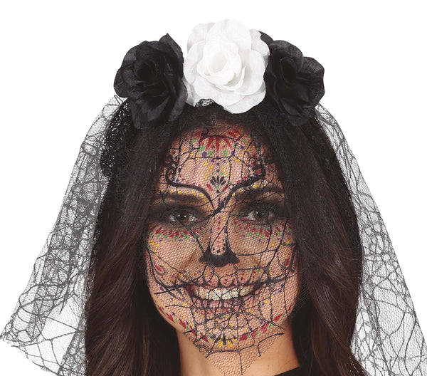 Black & White Day of the Dead Headband & Veil