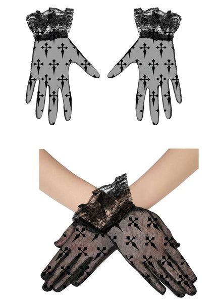 Short Black Lace Gloves with Crosses