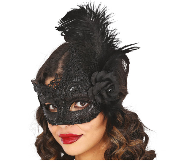 Black Lace Eye Mask with Feathers