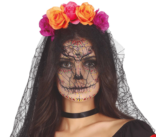 Purple & Red Day of the Dead Headband & Veil