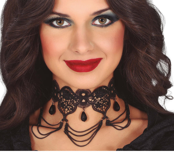 Black Lace Choker with Chains & Jewels