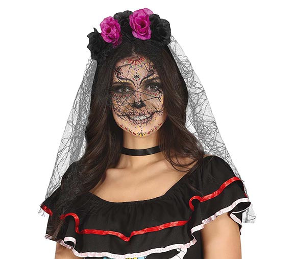 Black & Purple Day of the Dead Headband & Veil