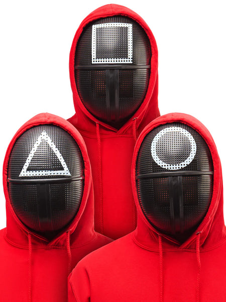 Red hoodies with unique face masks featuring geometric designs on a white background
