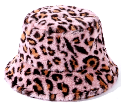 Pink Leopard Print Fluffy Bucket Hat