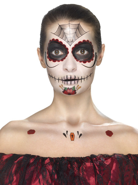 Red & Black Day of the Dead Face Tattoo Transfers Kit