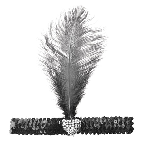 Black Flapper Headband with Crystal Heart