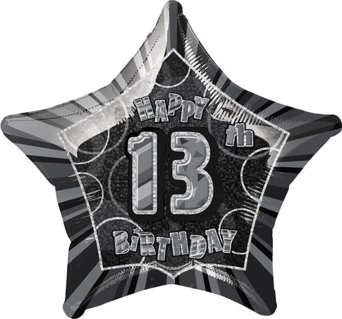 20 Inch Black Star Happy 13th Birthday Foil Balloon