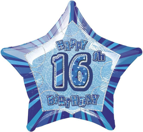 20 Inch Blue Star Happy 16th Birthday Foil Balloon