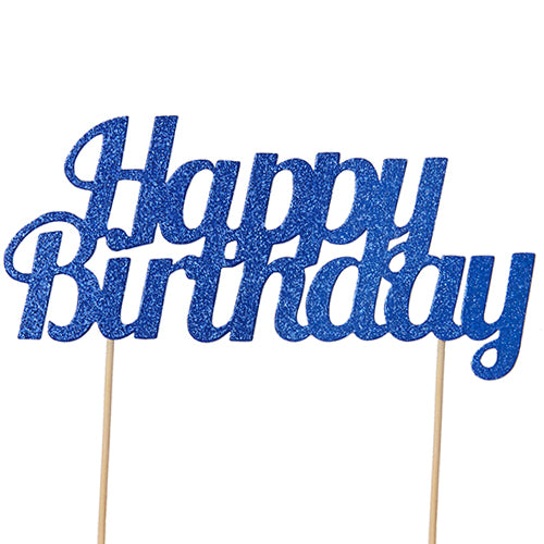 Blue Happy Birthday Cake Topper - Double Sided Glitter Bday Decor For Boys Girls Ladies Cakes