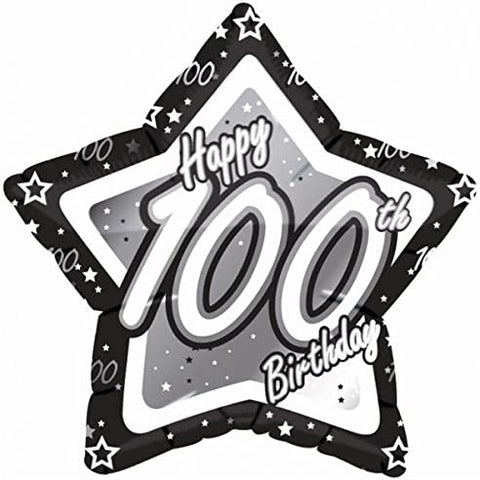 18 Inch Black & Silver Star 100th Birthday Foil Balloon
