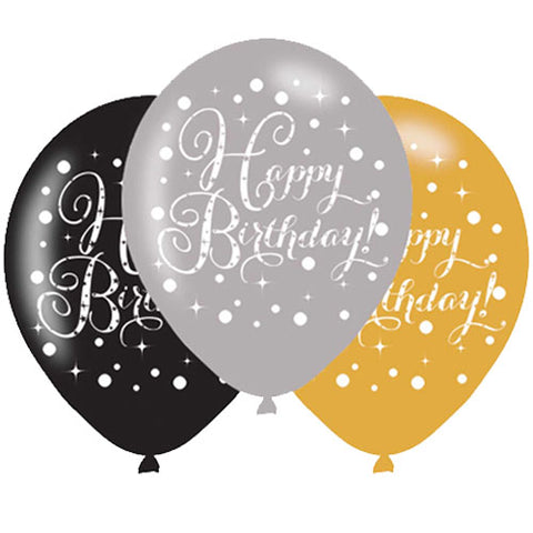 Black, Gold & Silver Sparkling Happy Birthday Latex Balloons (6pk)