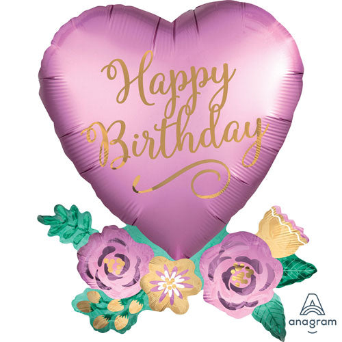 30 Inch Happy Birthday Satin Flowers Supershape Foil Balloon