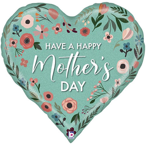 30 Inch Mother's Day Mint Floral Heart Supershape Foil Balloon