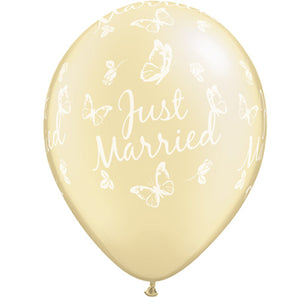 Pearl Ivory Just Married Butterfly Latex Balloons