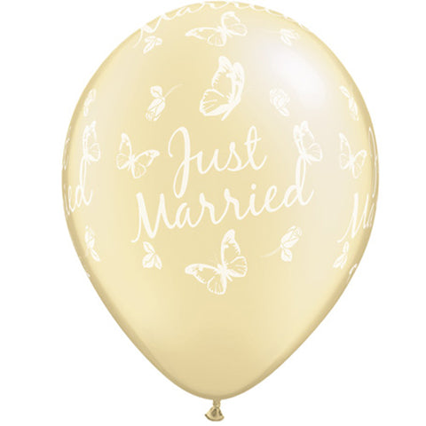 Pearl Ivory Just Married Butterfly Latex Balloons