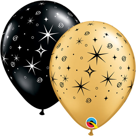 Gold and Onyx Black Sparkles & Swirls Latex Balloons