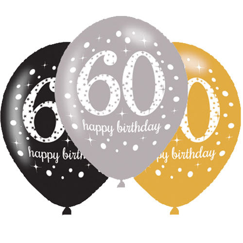 Black & Gold Sparkling 60th Birthday Balloons (6pk)