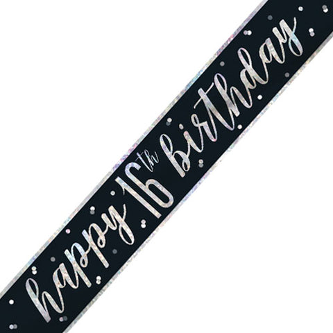 16th Birthday Glitz Black & Silver Foil Banner