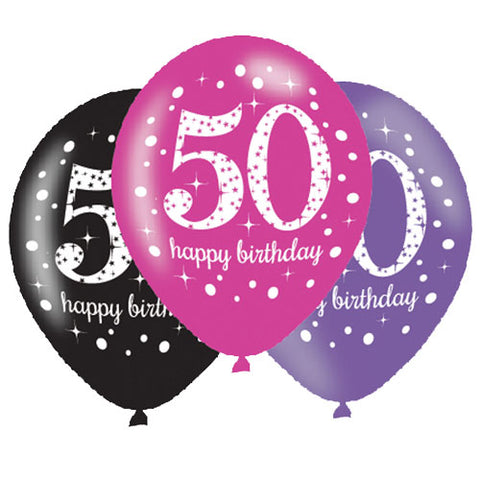 Black & Pink Sparkling 50th Birthday Balloons (6pk)
