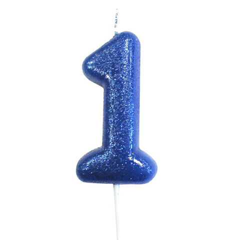 Number 1 Blue Glitter Candle