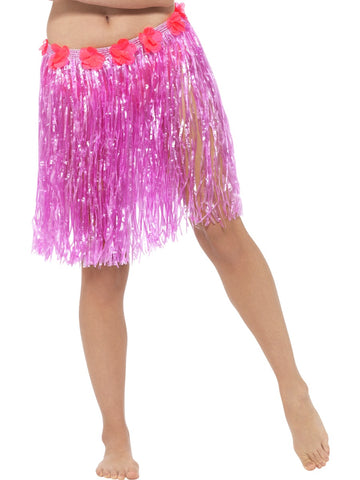 Neon Pink Hawaiian Hula Skirt with Flowers