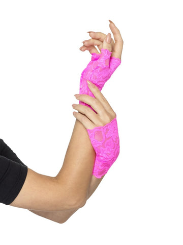 Short Neon Pink Lace Gloves