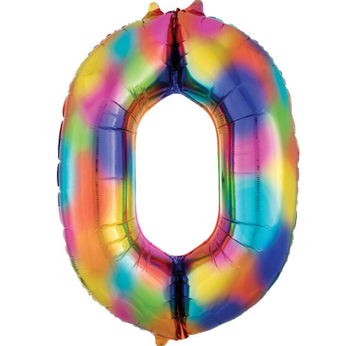 34 Inch Rainbow Splash Number 0 Foil Balloon