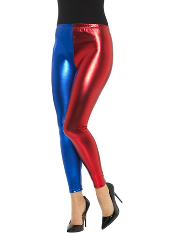 Blue & Red Harlequin Cosplay Metallic Leggings