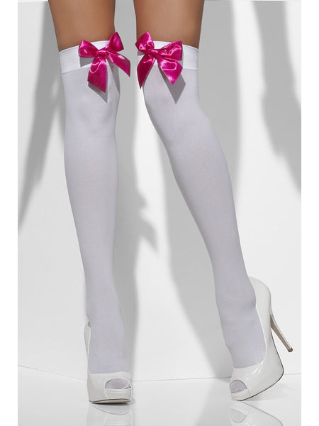 White Thigh High Stockings with Hot Pink Bows